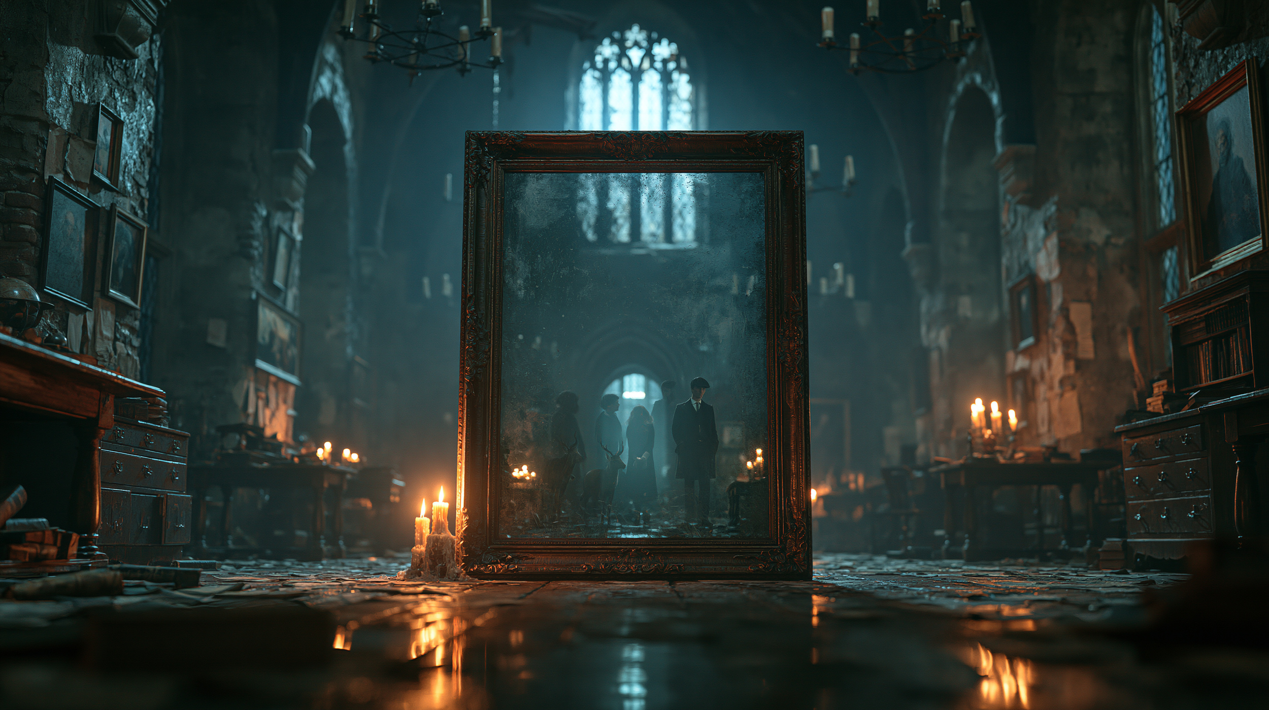 An ornate magical mirror standing in a candlelit stone classroom and reflecting shadowy family figures