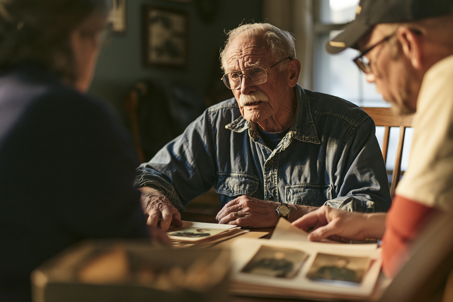Older veteran and adult family member preparing a delayed disability claim with a VSO representative.