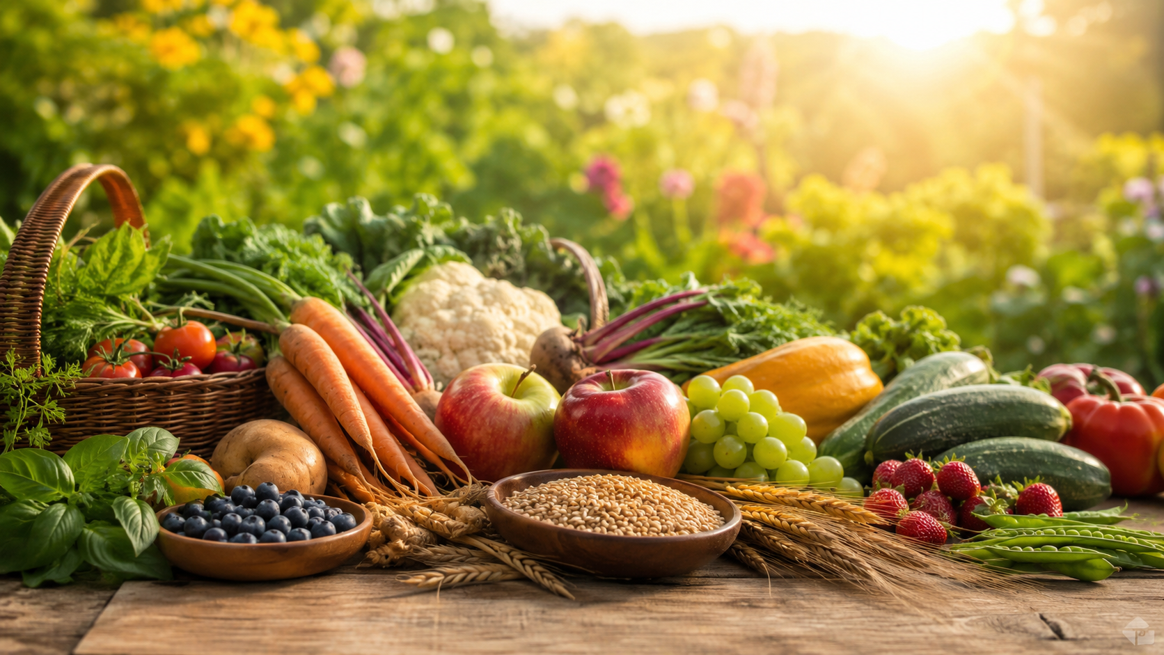 A spread of plant-based foods representing how sunlight captured by photosynthesis enters the human food supply.