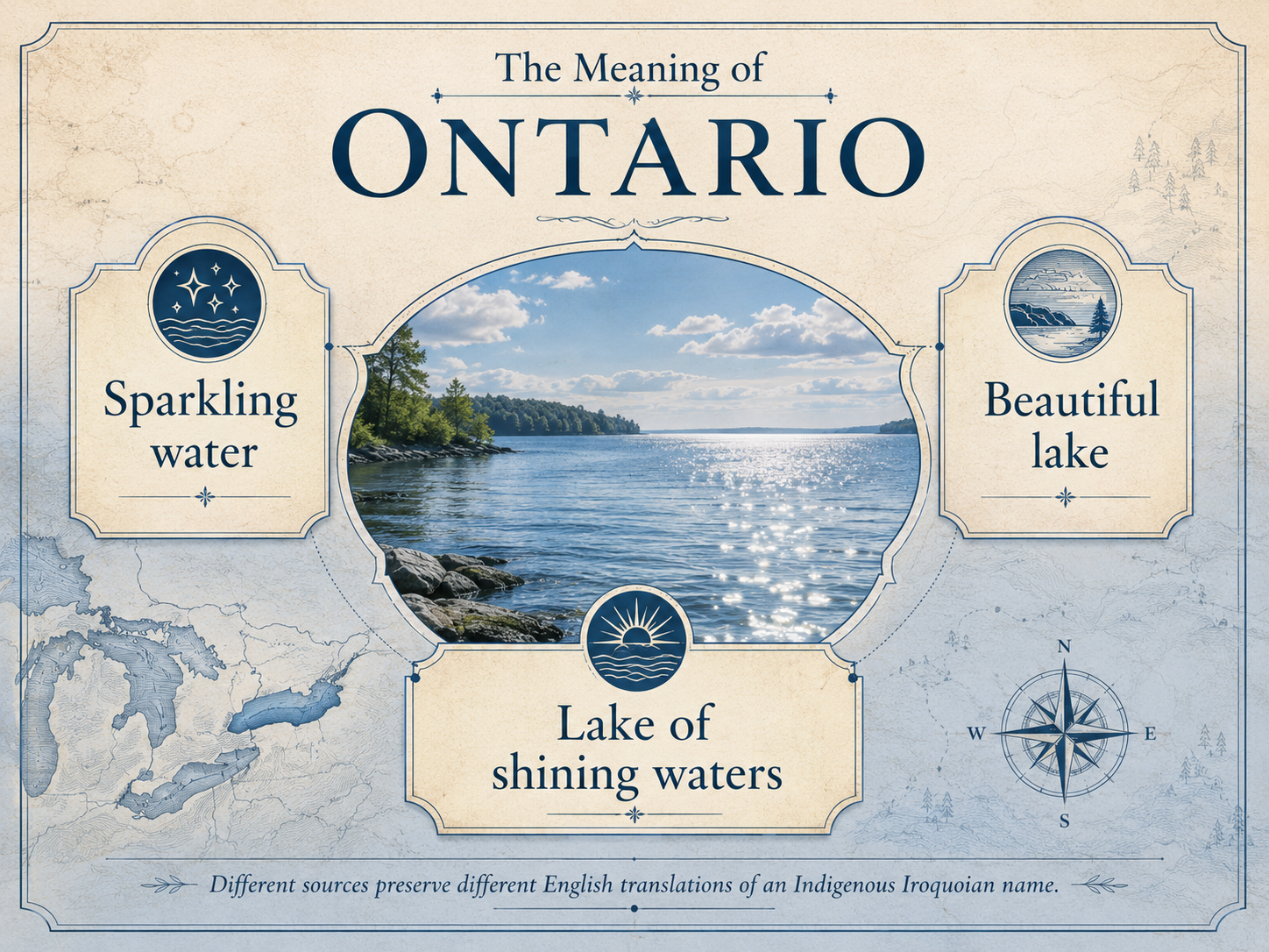 Editorial infographic showing three common English interpretations associated with the Indigenous Iroquoian name Ontario: sparkling water, beautiful lake, and lake of shining waters.