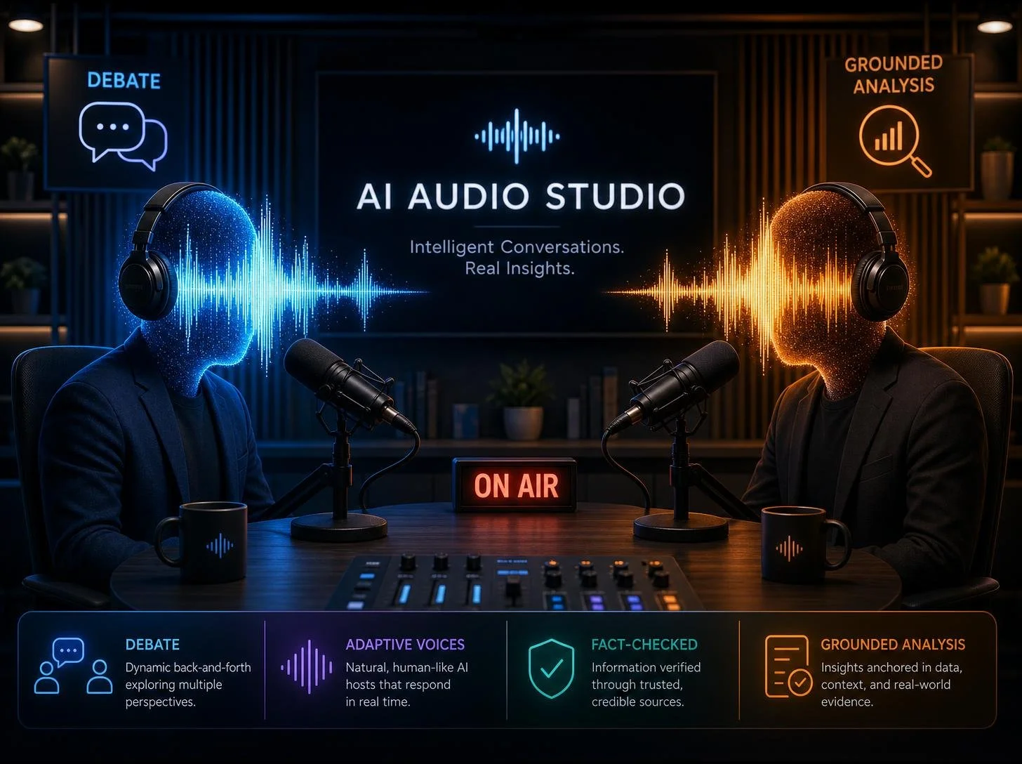 Abstract glowing soundwaves in a professional podcast studio representing AI voices.