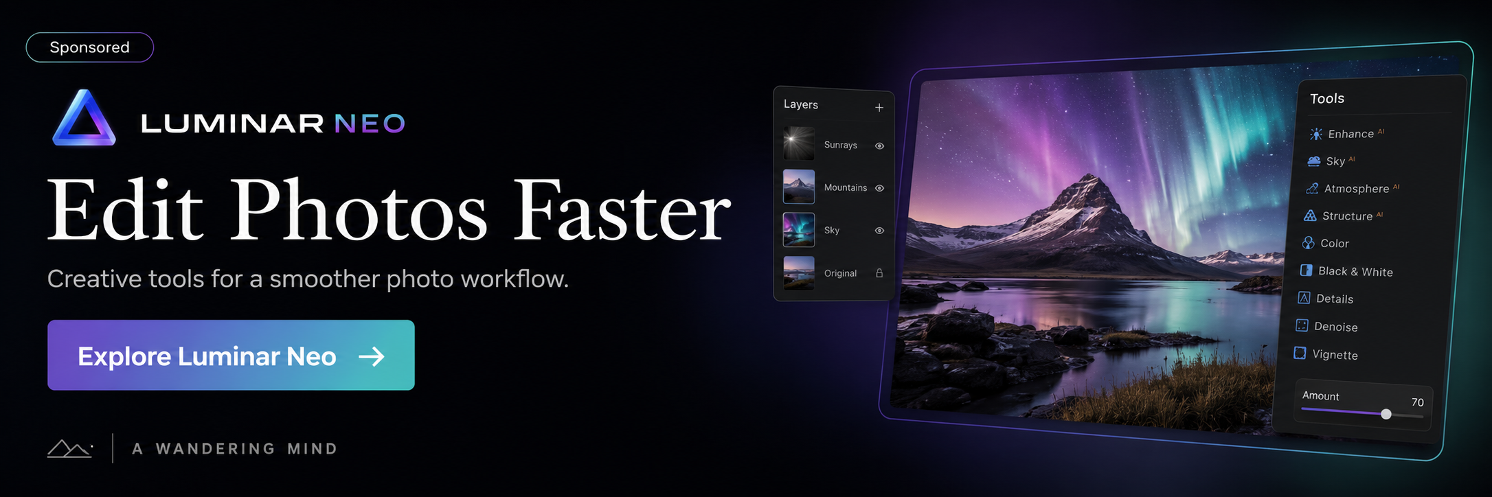 Sponsored Luminar Neo banner promoting photo editing tools.