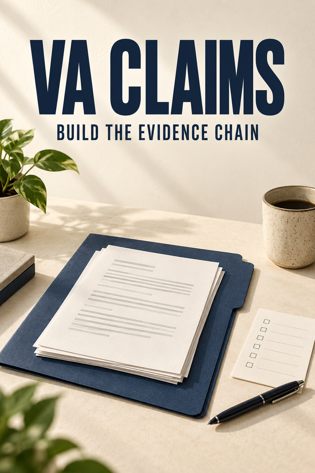 A navy folder, plain papers, pen and checklist on a cream desk beneath the words VA Claims and Build the Evidence Chain.