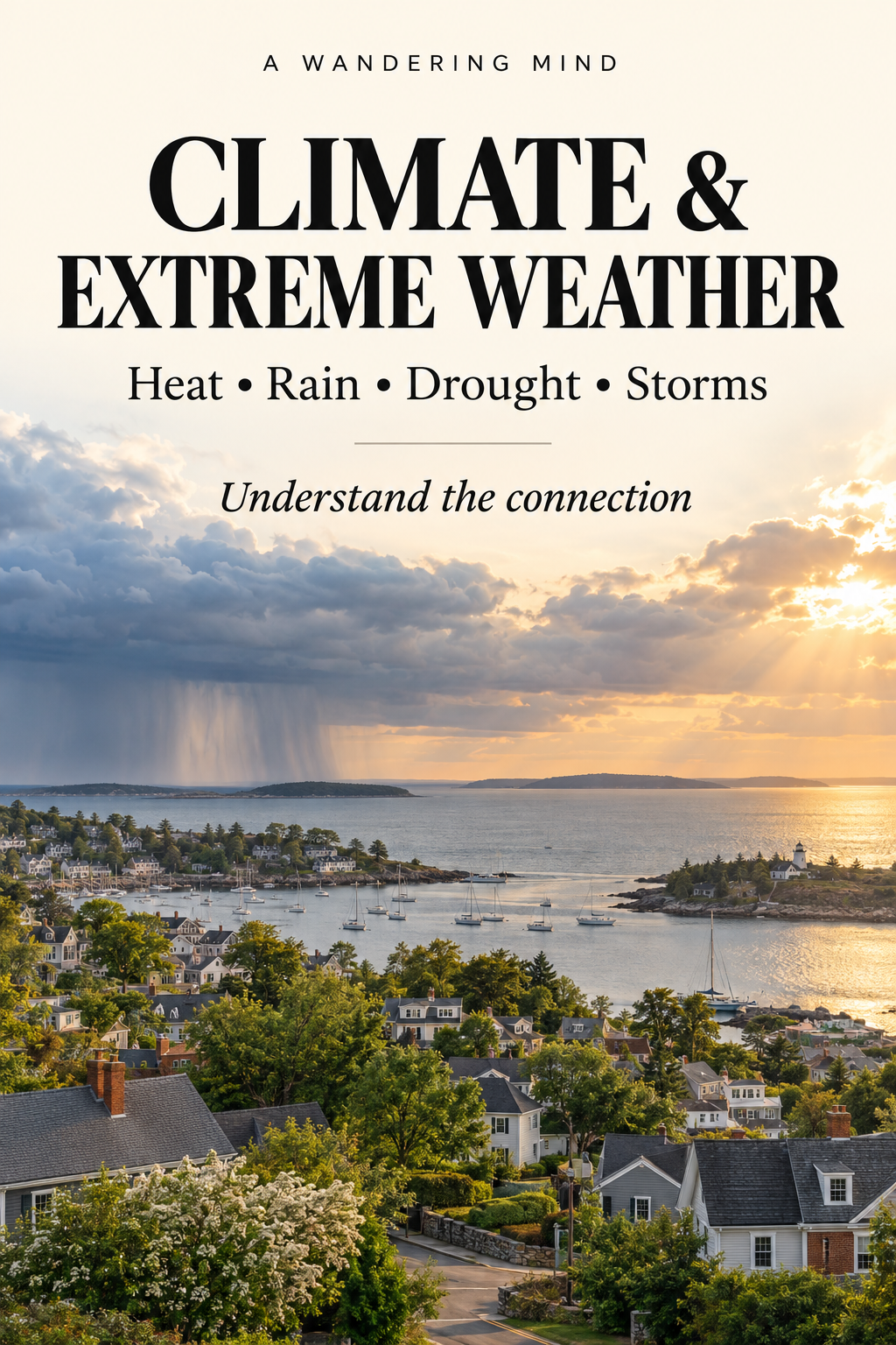 Conceptual coastal village with warm sunlight and rain offshore, beneath the words Climate & Extreme Weather and Heat, Rain, Drought, Storms.