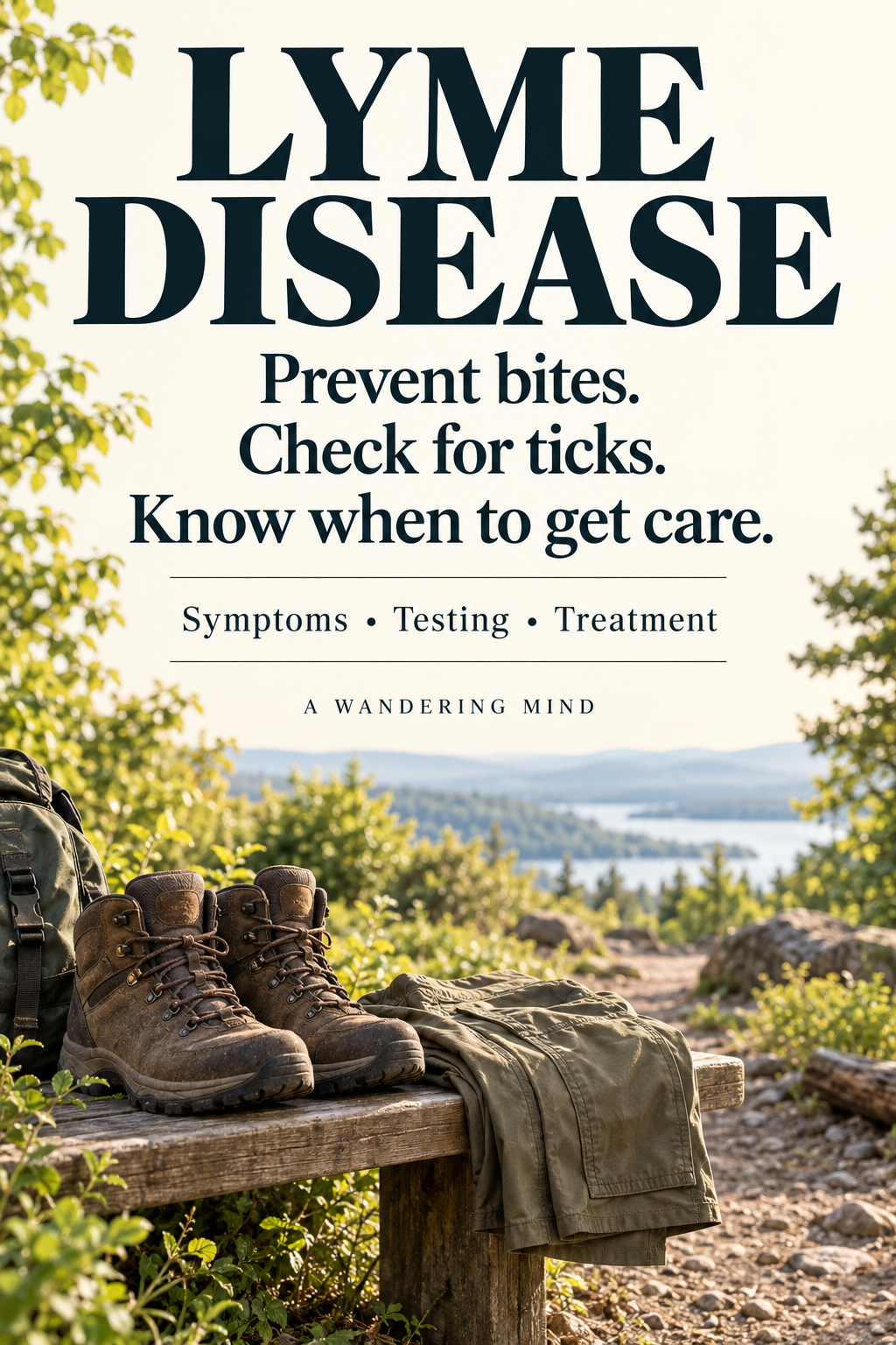 Lyme Disease: Prevent bites. Check for ticks. Know when to get care. Walking boots and folded trousers sit beside a leafy trail.