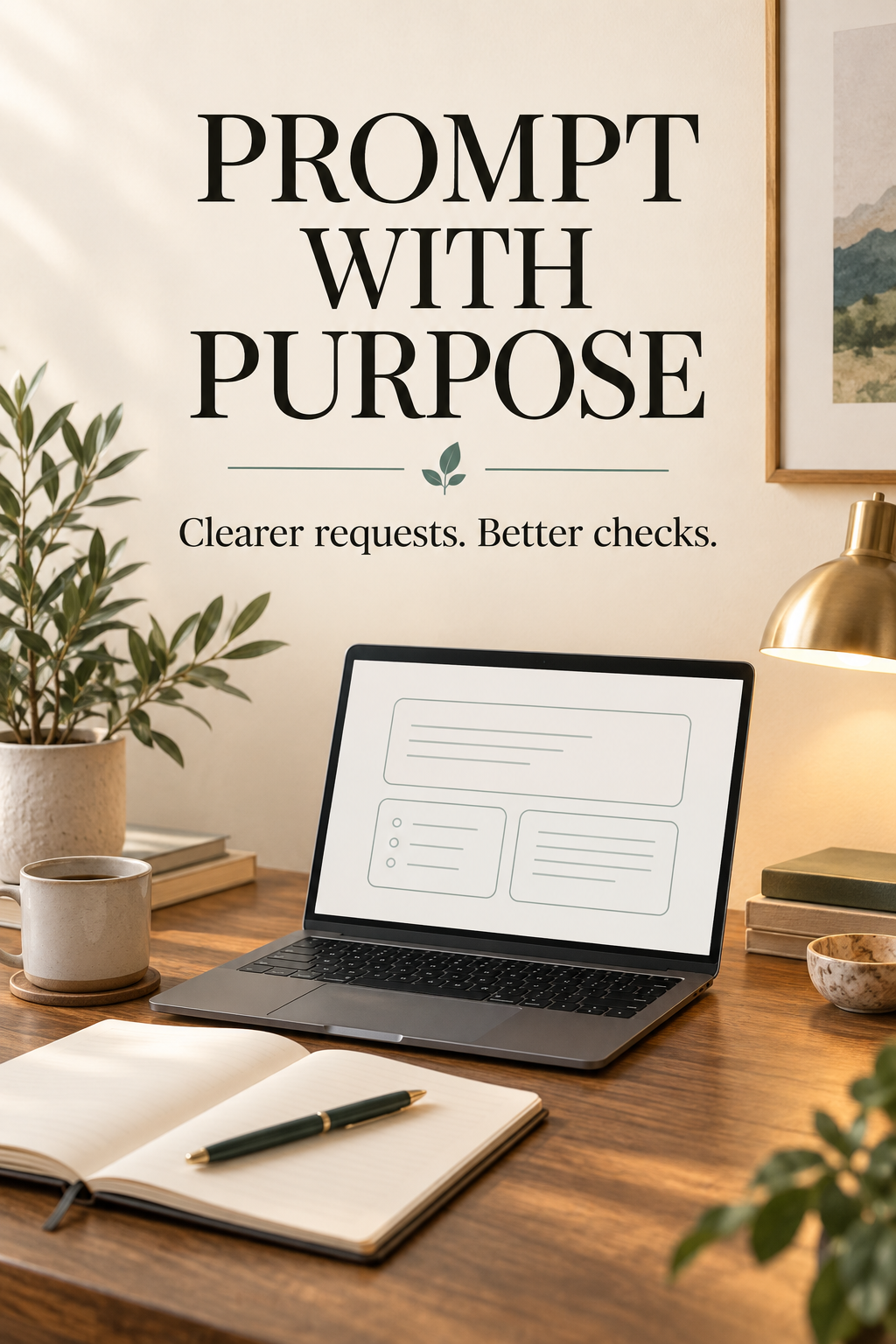A laptop with an abstract unlettered screen and an open notebook beneath the words Prompt With Purpose and Clearer requests. Better checks.