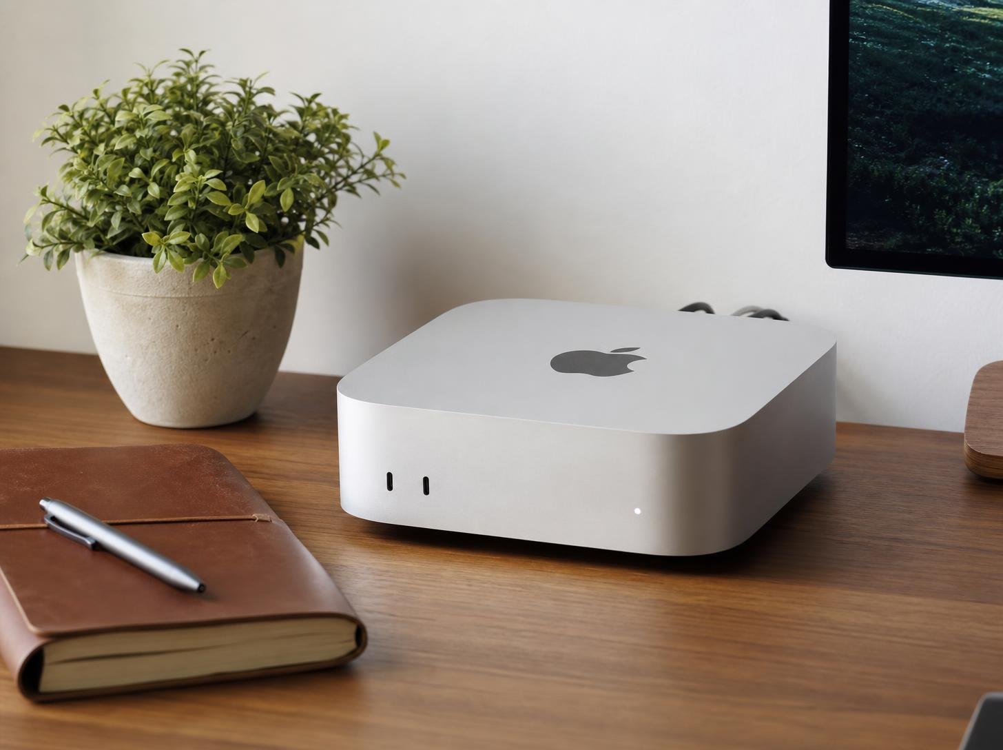 A sleek silver Mac Mini on a minimalist desk, serving as a local AI server.