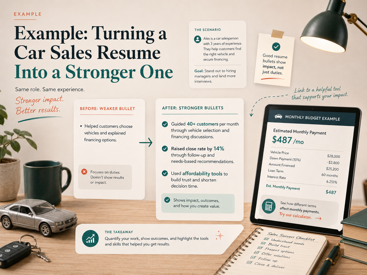 Illustrated before-and-after example showing how a car salesperson could turn a generic resume duty into stronger achievement-focused bullets