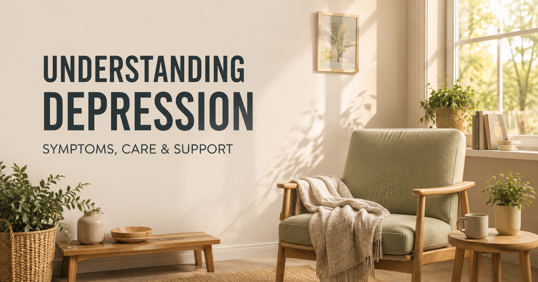 An empty upholstered chair near a softly lit window beneath a headline about understanding depression.