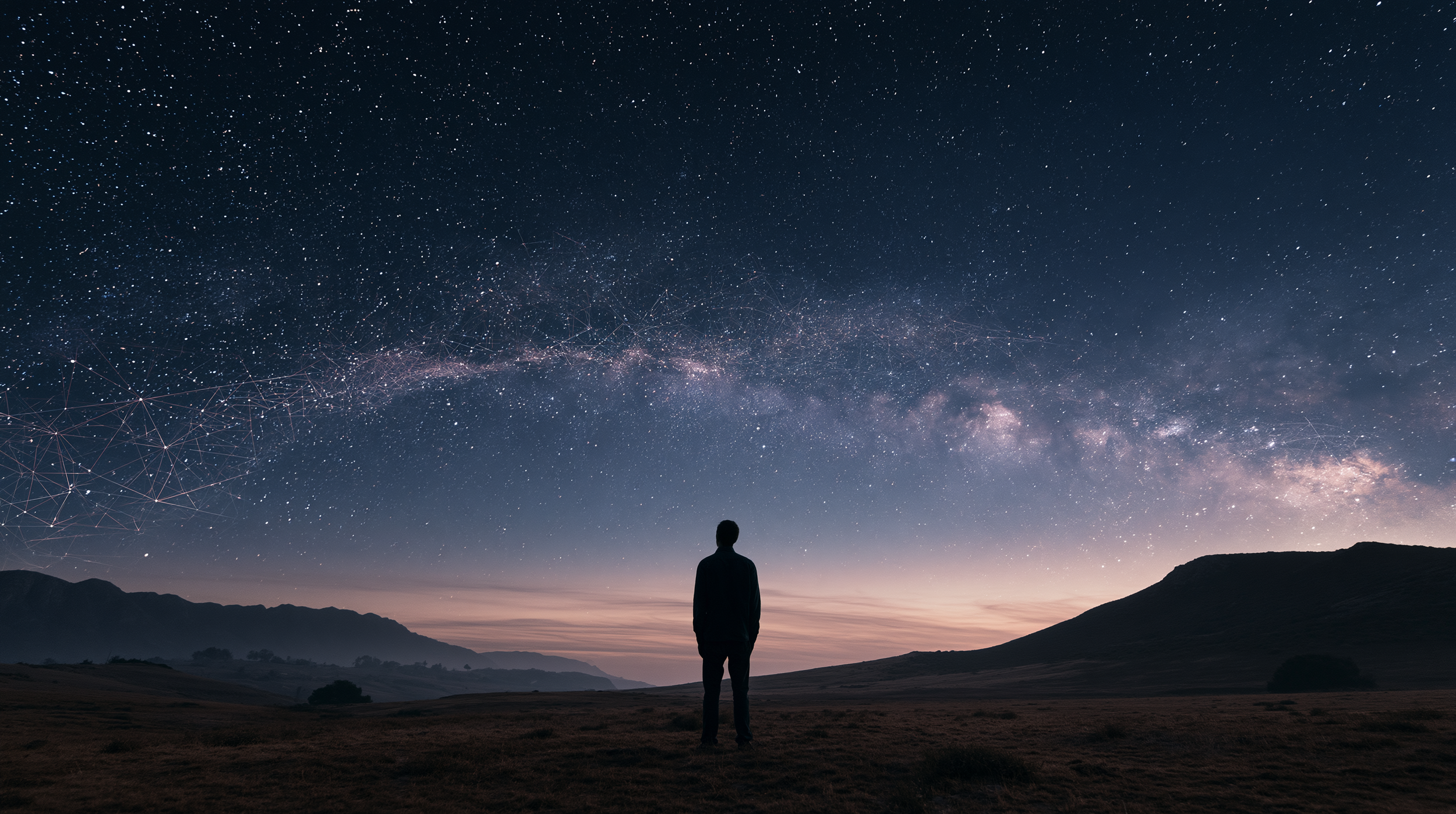 A person looks toward a star-filled sky that subtly transforms into a geometric digital lattice.
