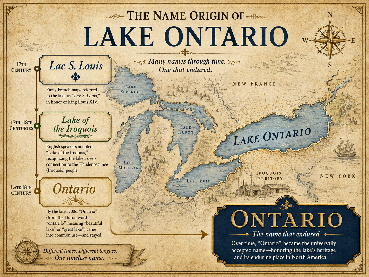 Antique-map-inspired editorial graphic tracing Lake Ontario through several recorded names, including Lac S. Louis, Lake of the Iroquois, and Ontario.