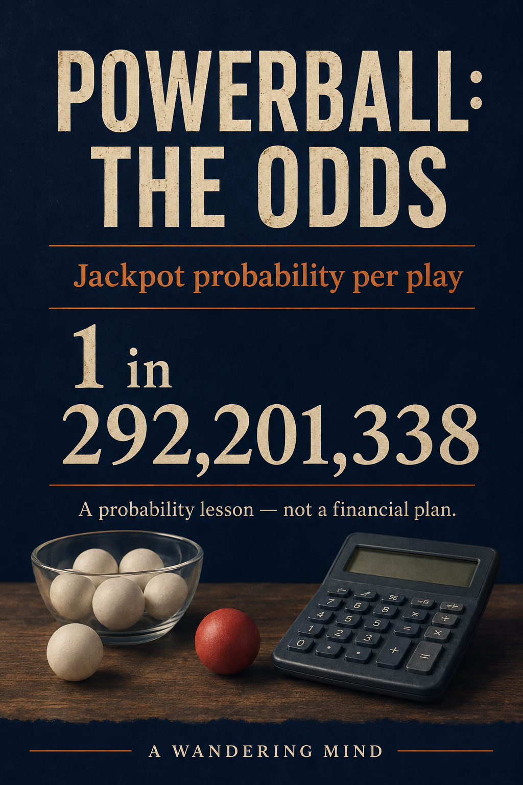 Powerball: The Odds. Jackpot probability per play is one in 292,201,338. A probability lesson, not a financial plan, illustrated with blank lottery balls and a calculator.