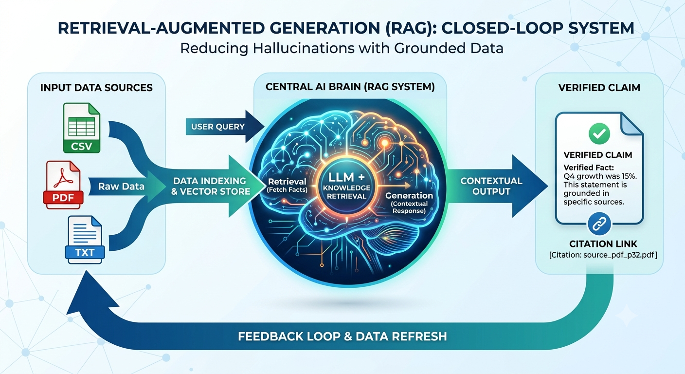 Infographic showing a closed-loop system where AI outputs are verified by specific source documents.
