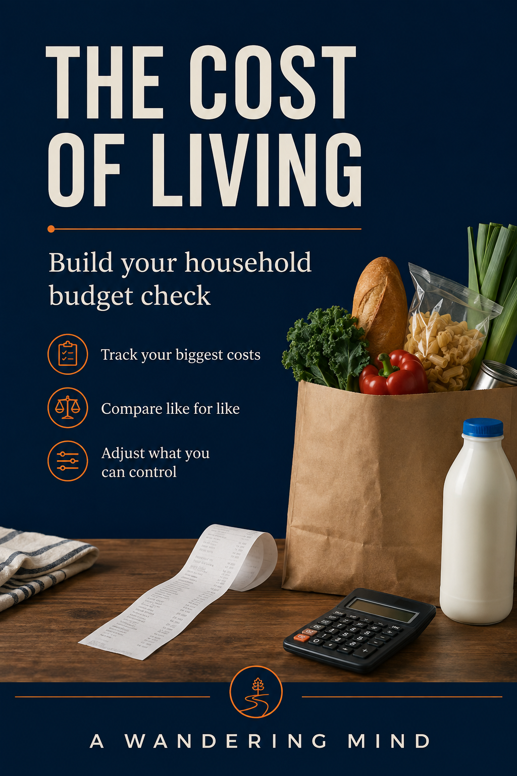 The Cost of Living: build your household budget check. Groceries, a receipt and calculator illustrate tracking your biggest costs, comparing like for like and adjusting what you control.