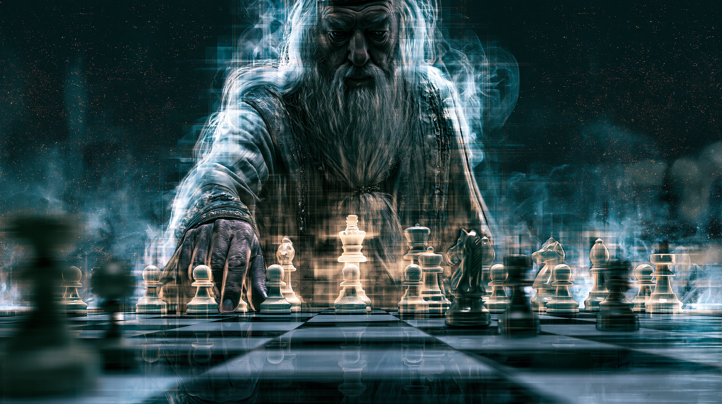 An elderly wizard looming over a glowing chessboard as if directing a larger strategy