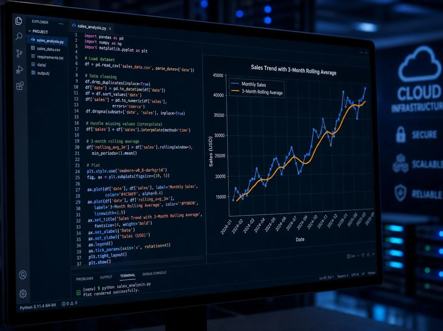A high-resolution screen showing Python code and a Matplotlib trend chart.