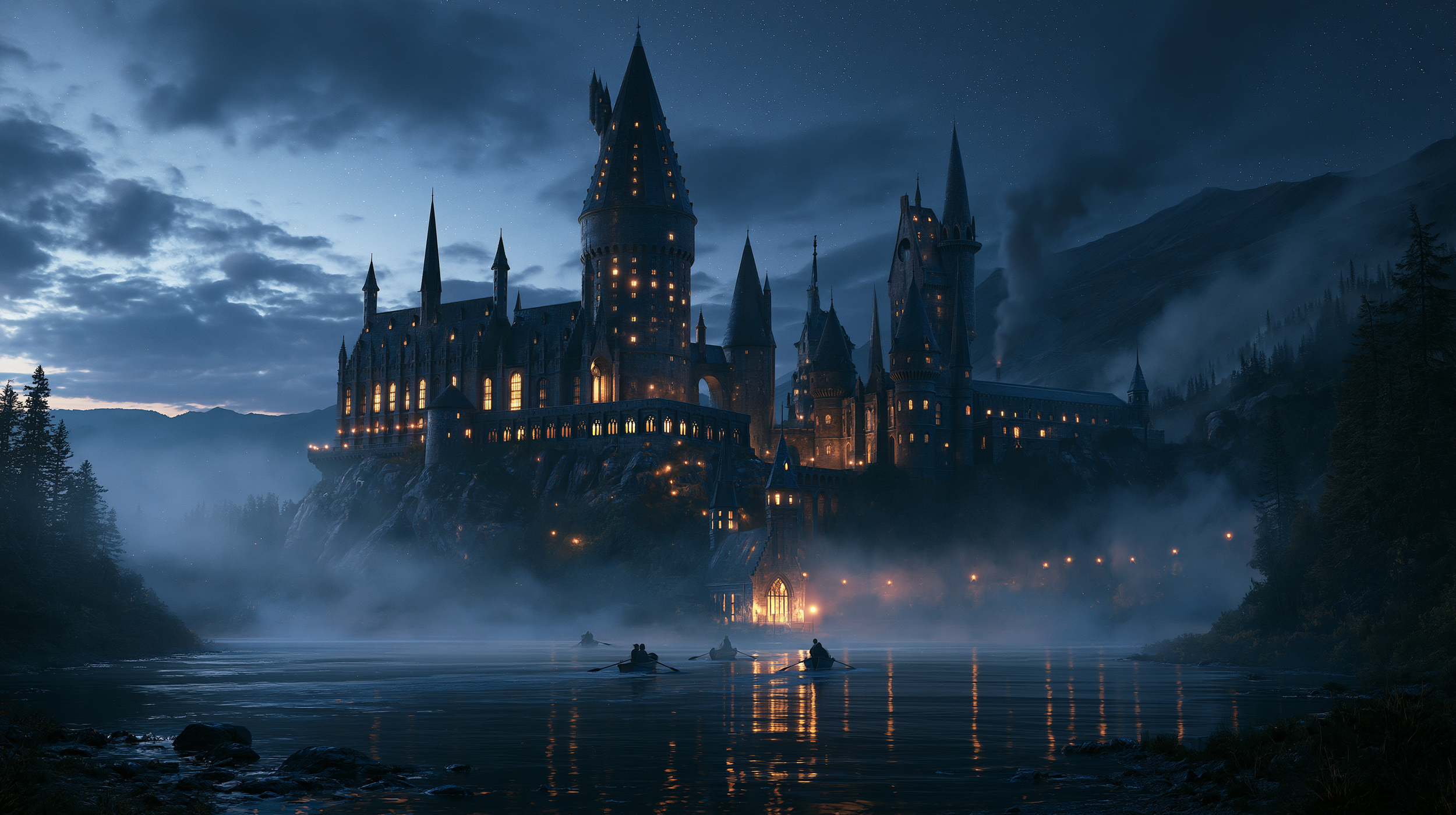 A vast enchanted boarding-school castle glowing above a mist-covered lake at night