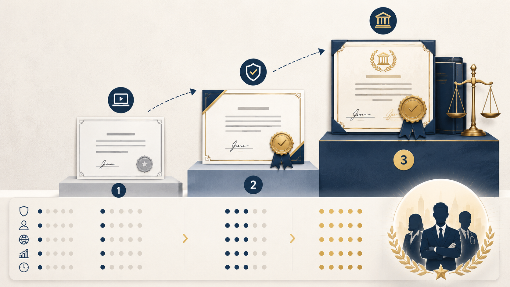 Comparación en tres niveles entre un certificado de finalización, un certificado verificado por una plataforma y una cualificación formalmente regulada.