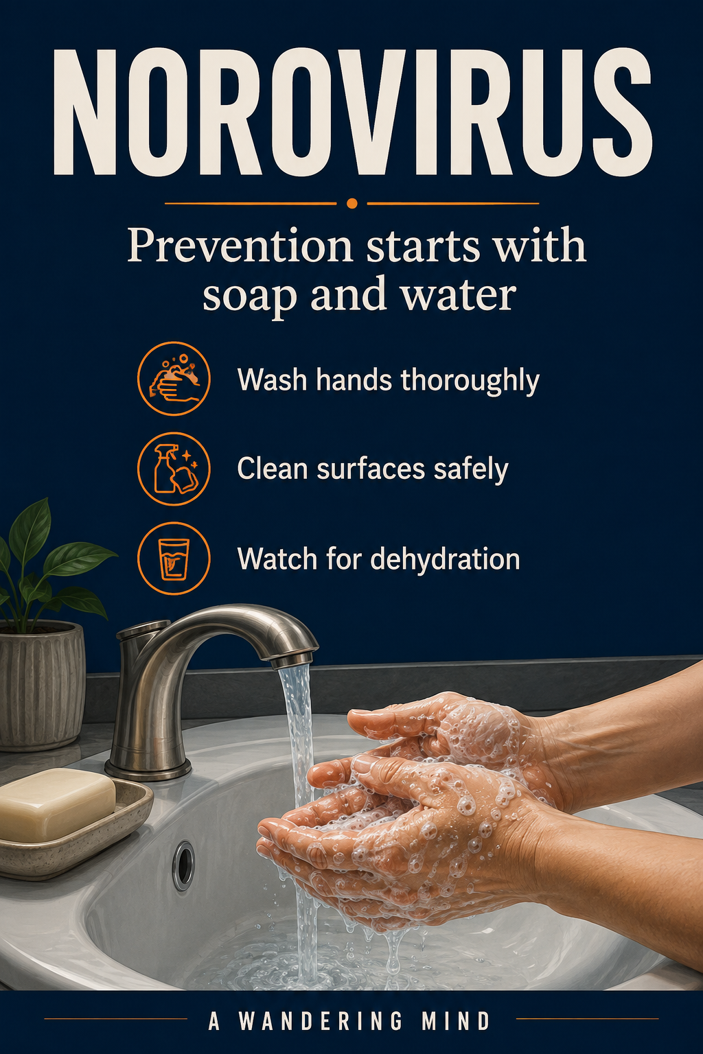 Norovirus prevention reminder: wash hands thoroughly, clean surfaces safely and watch for dehydration, above hands being washed with soap and water.