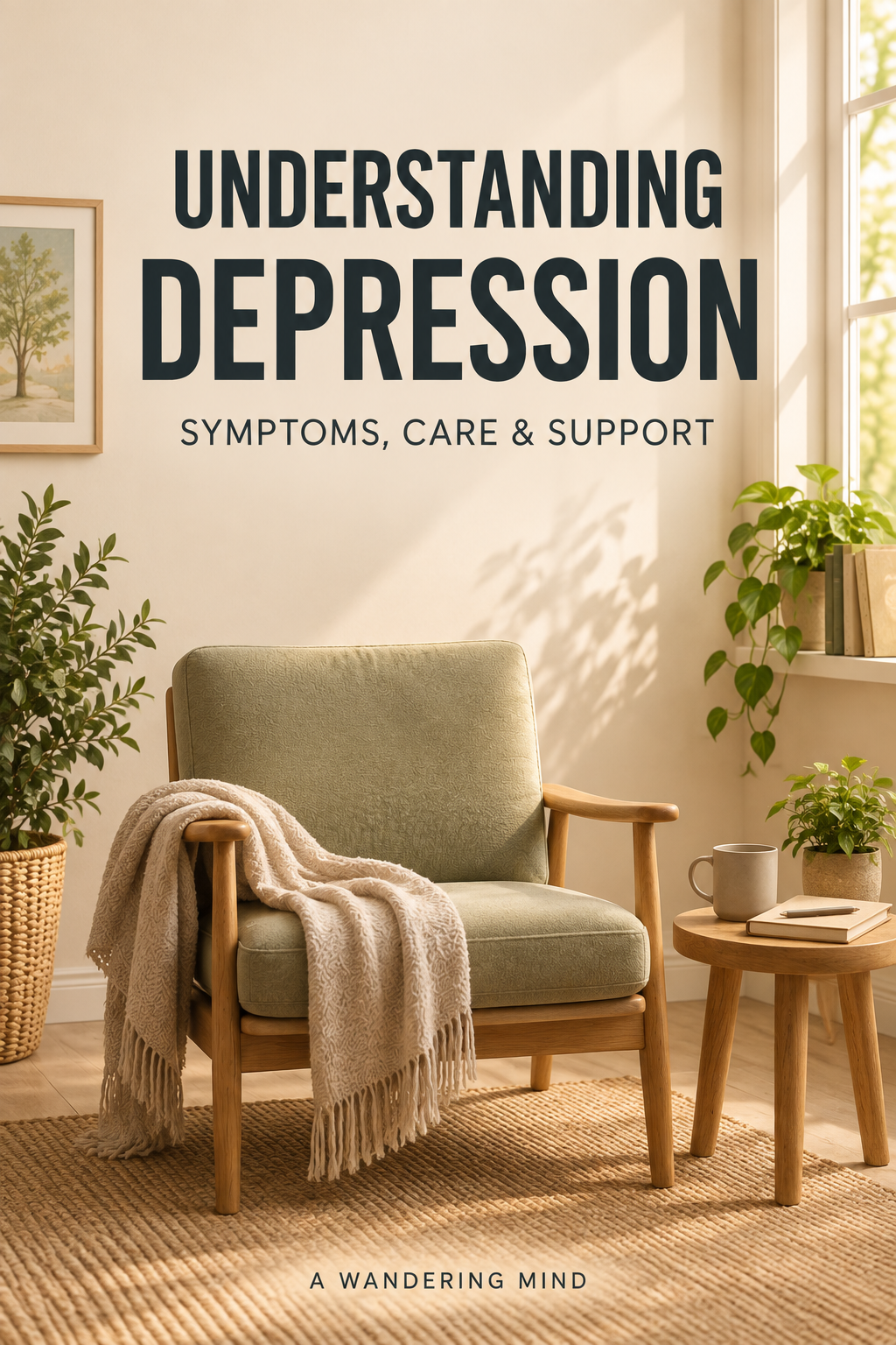 A sage armchair, notebook and softly lit window beneath the words Understanding Depression: Symptoms, Care & Support.