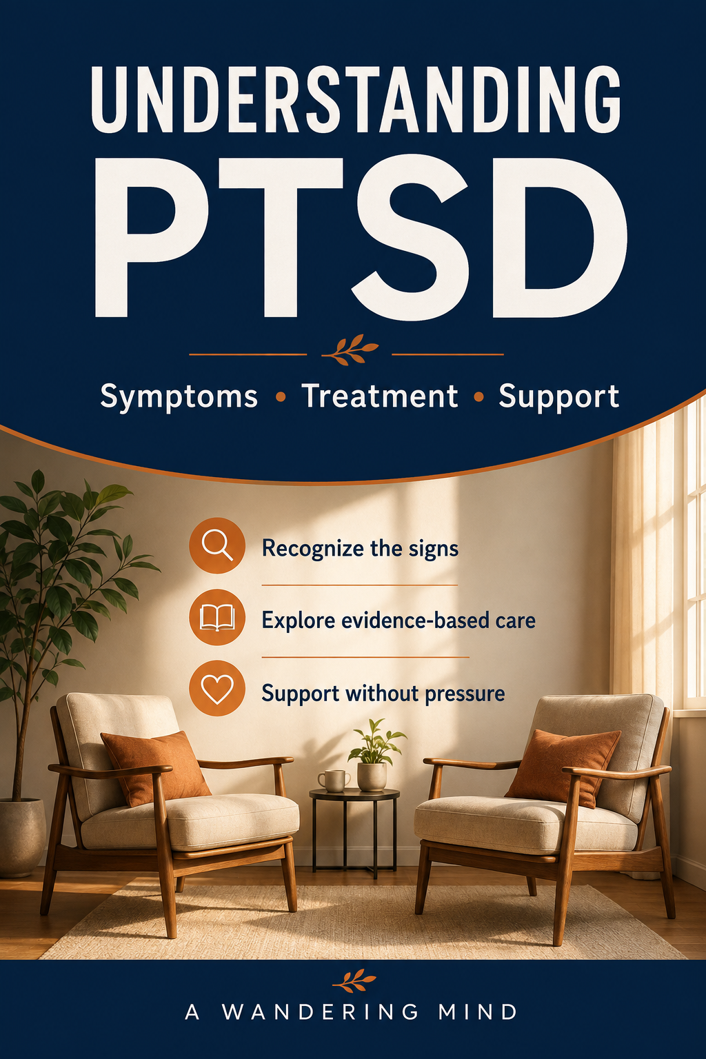 Understanding PTSD: symptoms, treatment and support, with reminders to recognize signs, explore evidence-based care and support without pressure, above two empty armchairs.