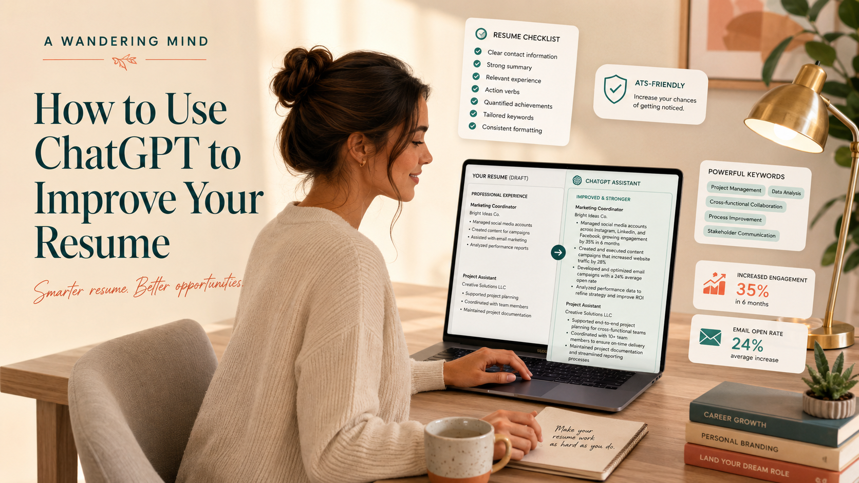 Diagram showing six ways ChatGPT can help improve a resume: analyzing job descriptions, extracting keywords, rewriting achievements, quantifying impact, checking ATS compatibility and proofreading