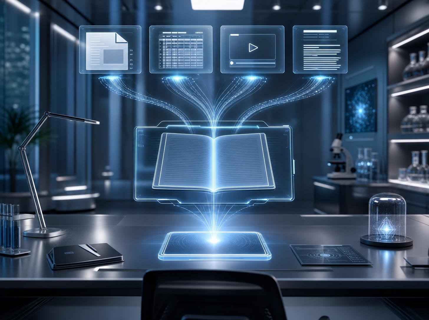 A futuristic holographic Gemini Notebook interface pulling data from various digital sources.