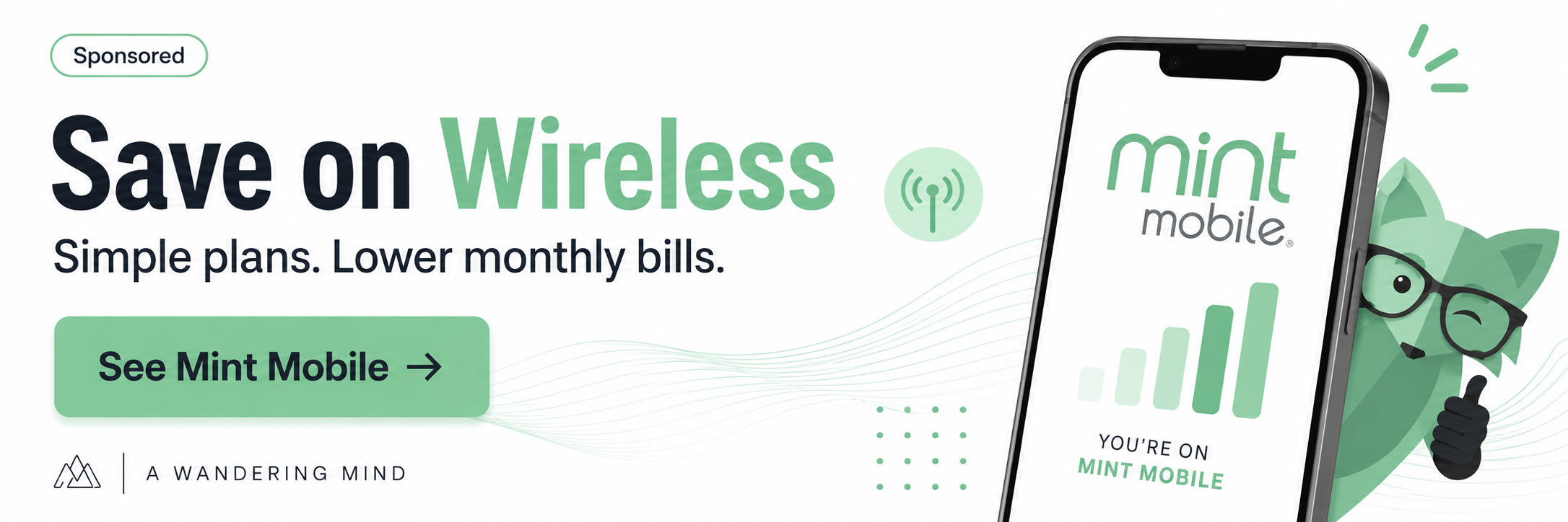 Light sponsored Mint Mobile banner promoting lower-cost wireless plans.
