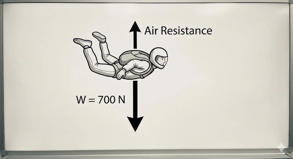 Skydiver falling downward. Two force arrows: Weight (700 N) pointing down (Earth on skydiver), Air resistance pointing up (air on skydiver). Weight arrow is longer than air resistance arrow to show unbalanced net force downward.
