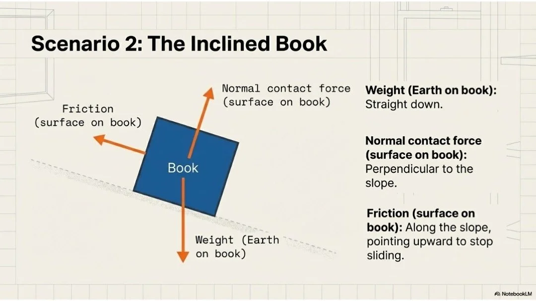 Block on incline. Three arrows: Weight pointing straight down, Normal contact force perpendicular to slope pointing away from surface, Friction pointing up the slope. All arrows labelled with force type and exerting object.