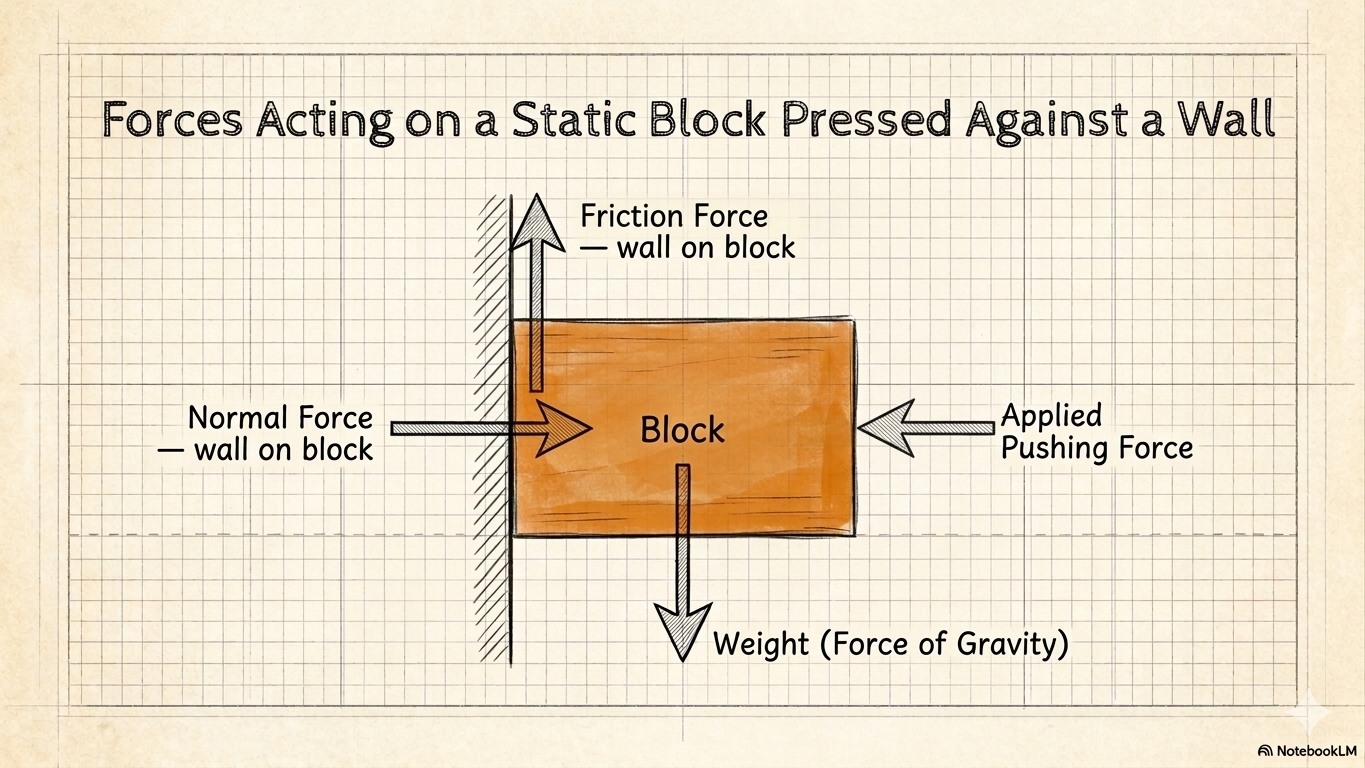Block pressed against vertical wall. Four force arrows: Weight pointing down (Earth on block), Applied force pointing right towards wall (hand on block), Normal contact force pointing left away from wall (wall on block), Friction pointing up (wall on block).