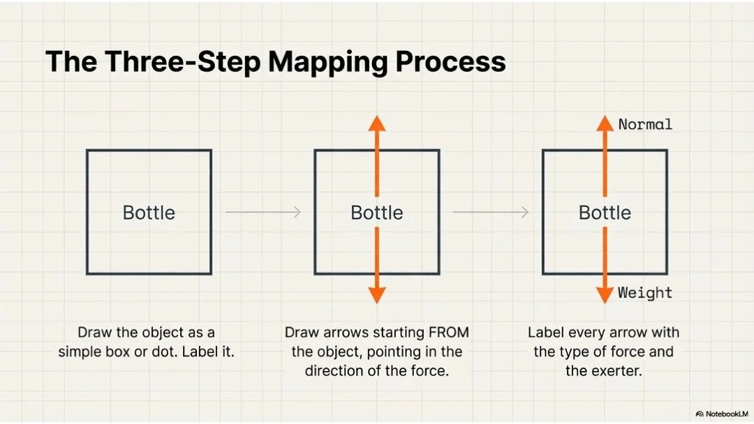 Box labelled Bottle. Arrow pointing UP labelled Normal contact force - table on bottle. Arrow pointing DOWN labelled Weight - Earth on bottle. Both arrows same length.