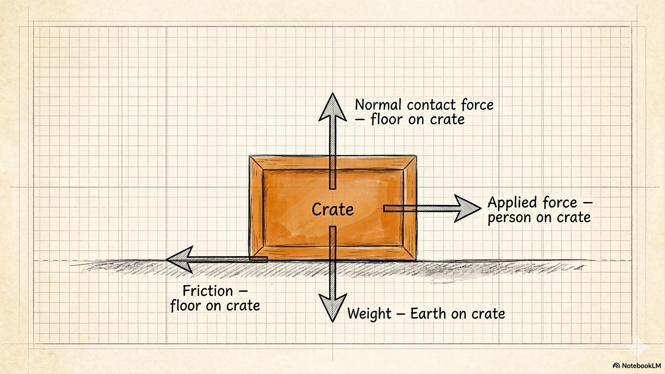 Box labelled Crate. Four arrows: upward (Normal contact force - floor on crate), downward (Weight - Earth on crate), rightward (Applied force - person on crate), leftward (Friction - floor on crate). All arrows labelled with force type and exerting object.