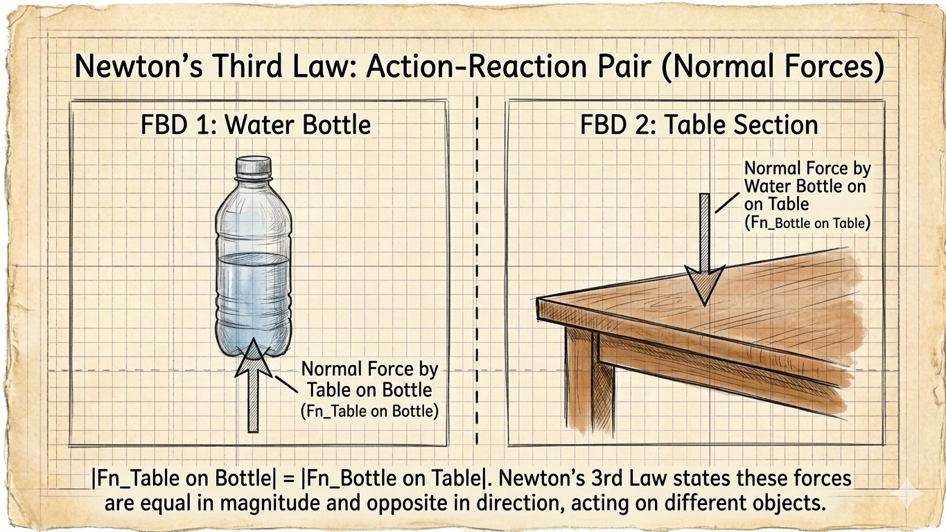 water bottle on table label two arrows: (1) bottle pushes down on table, (2) table pushes up on bottle water bottle on table label two arrows: (1) bottle pushes down on table, (2) table pushes up on bottle