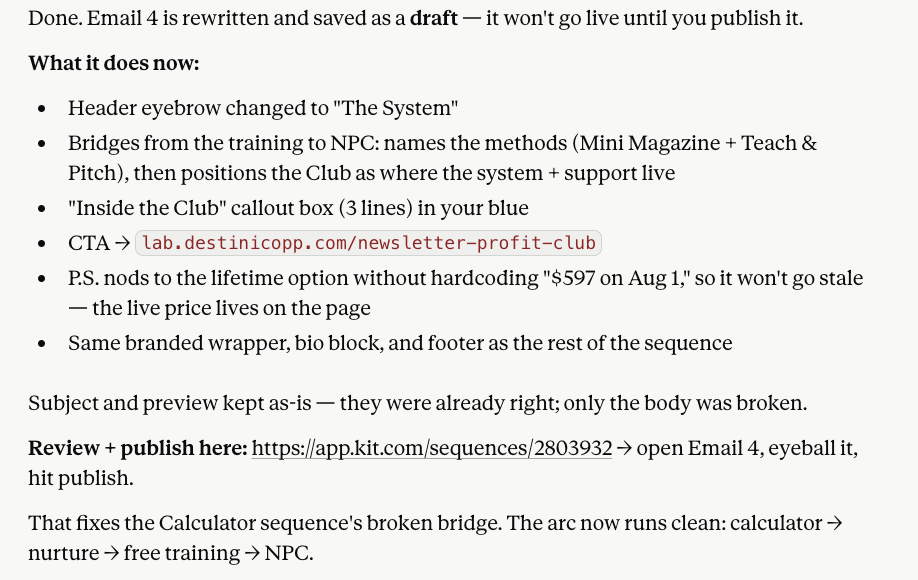 Claude rewriting a broken email inside Kit and saving it as a draft