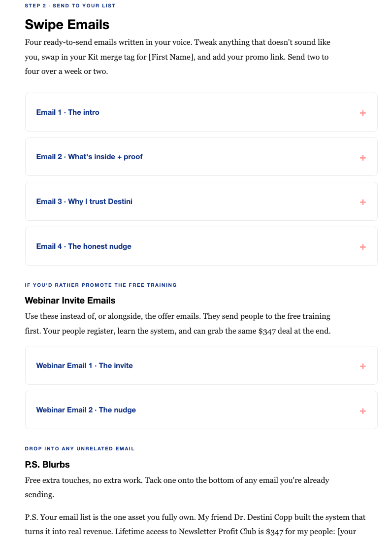 Swipe emails section of the partner page: four ready-to-send emails written in the partner's voice, webinar-invite emails, and drop-in PS blurbs.
