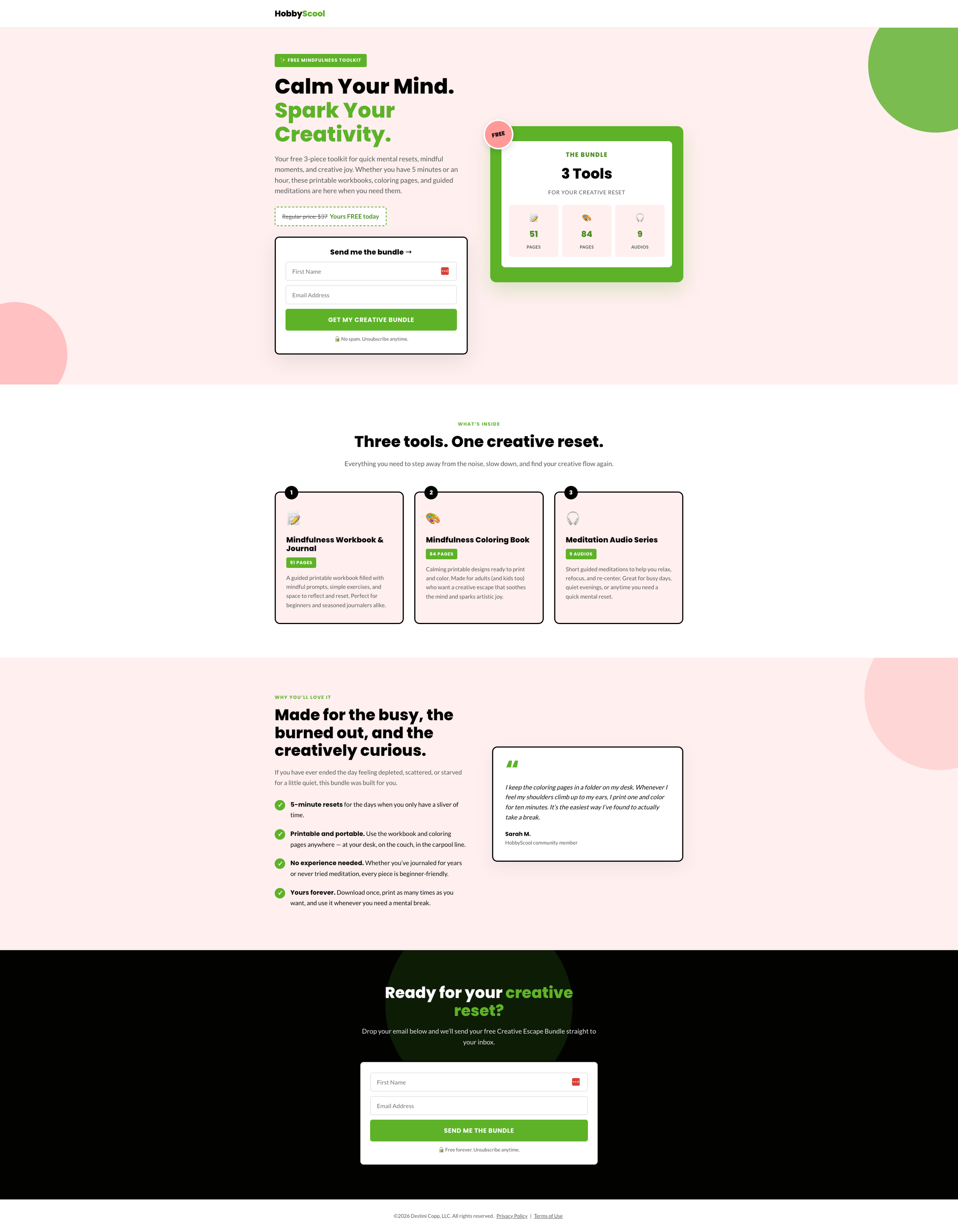 HobbyScool Creative Escape bundle landing page