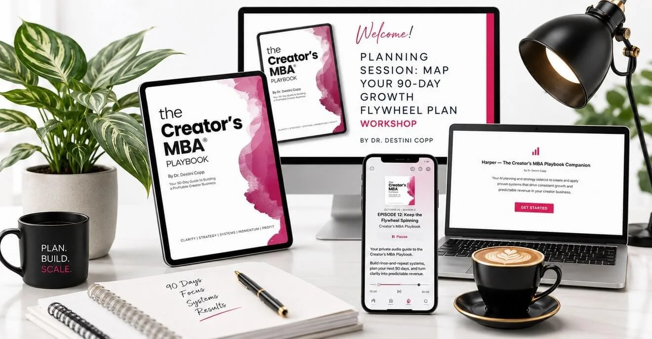 The Creator's MBA Playbook System shown across laptop, tablet, and phone