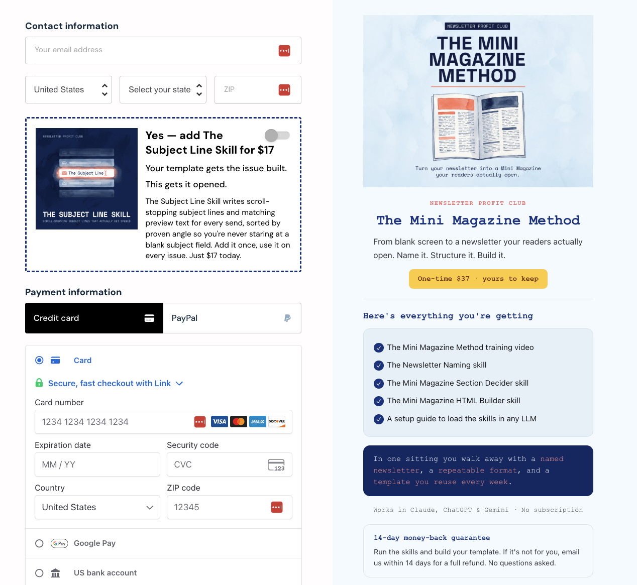 The $37 Mini Magazine Method checkout page in ThriveCart