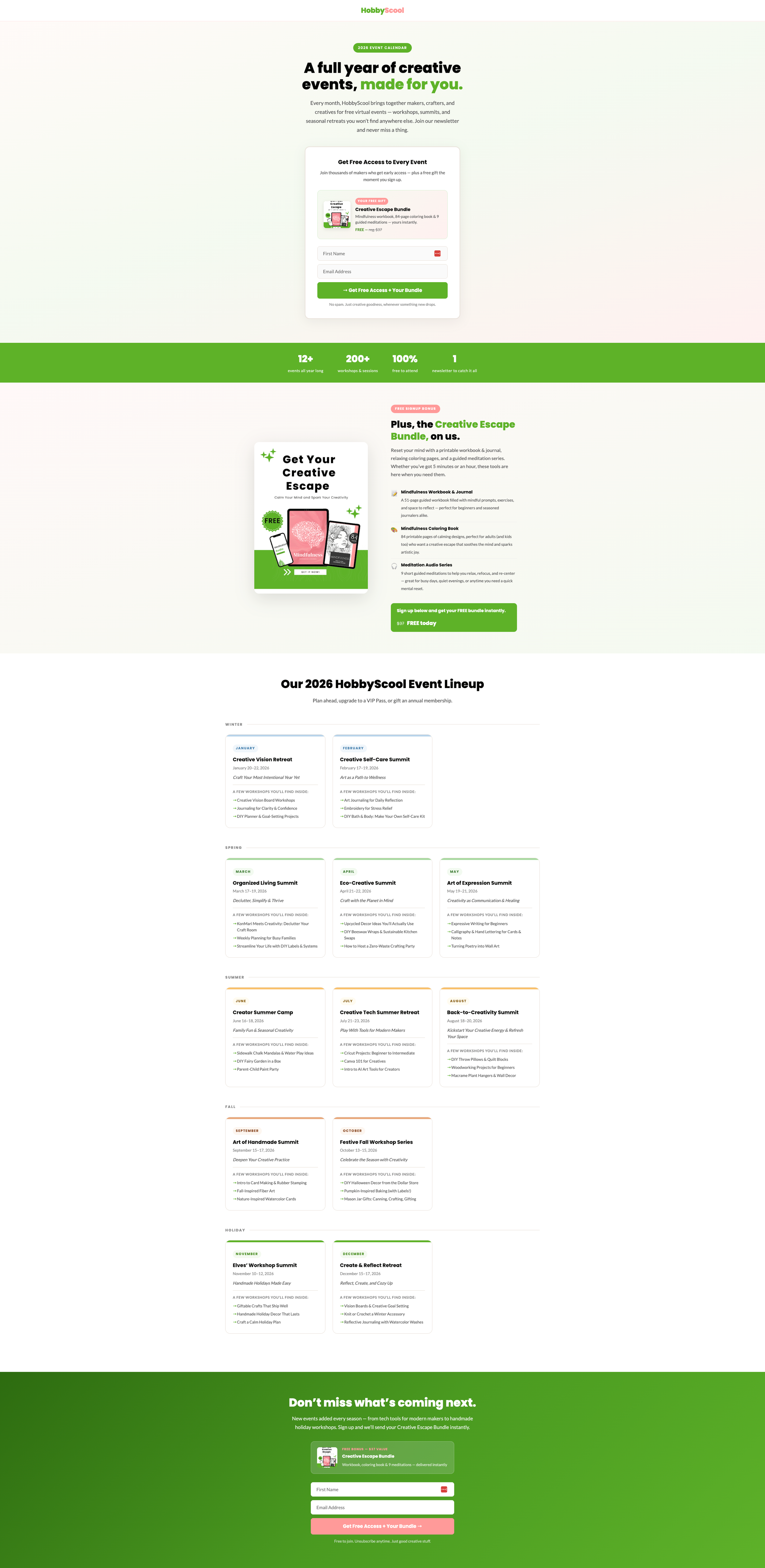 HobbyScool combined landing page with the Creative Escape bundle and event newsletter signup