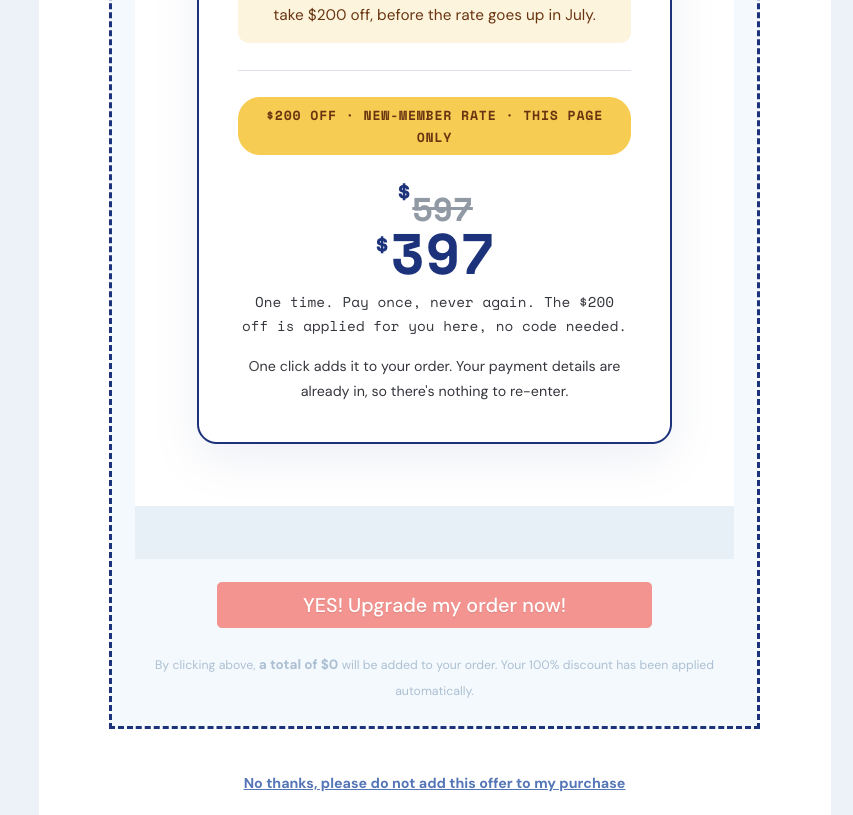 The lifetime membership upsell page offered after the $37 purchase