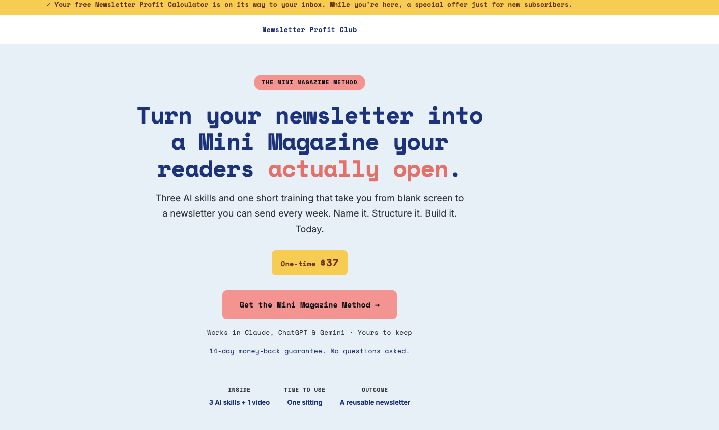 The Mini Magazine Method sales page that the opt-in redirects to