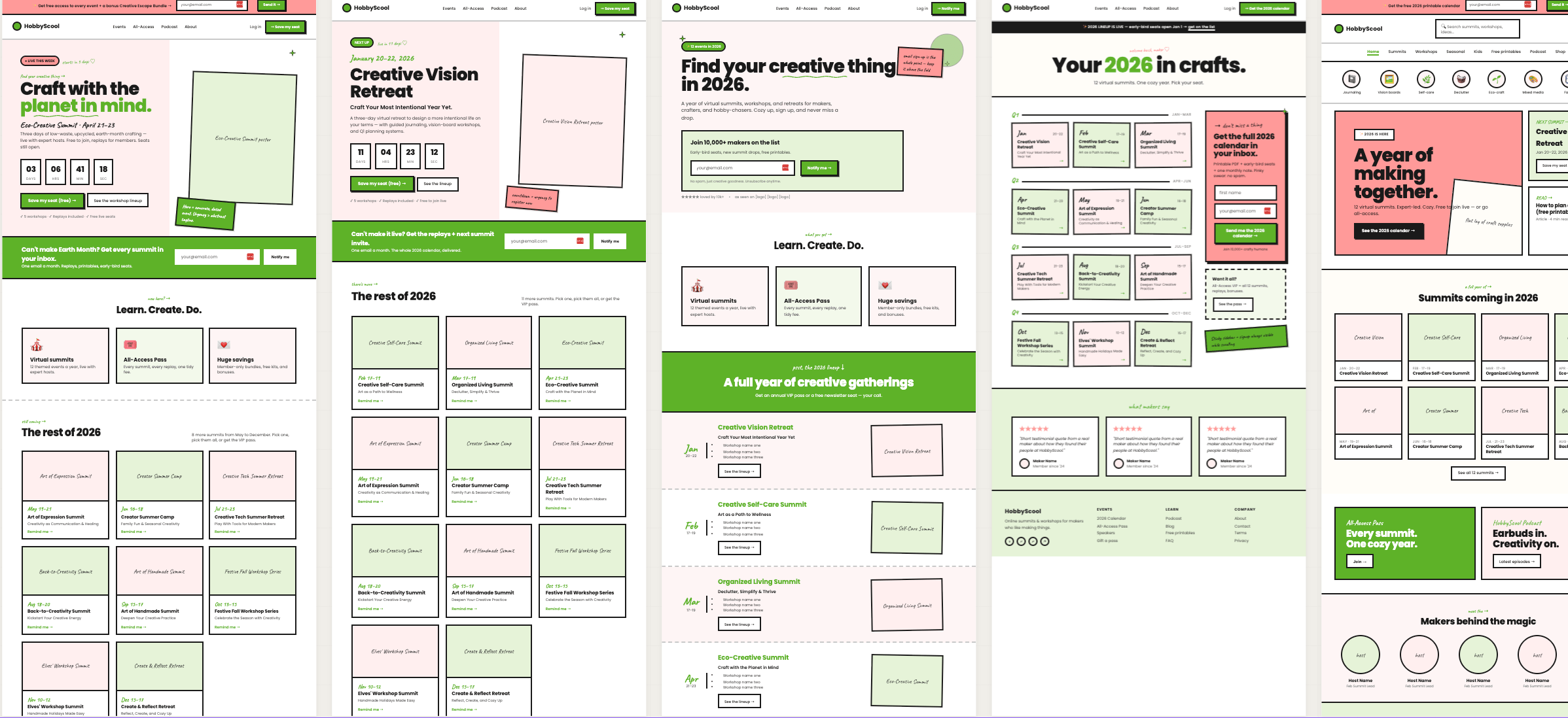 Claude Design wireframe options for HobbyScool homepage redesign