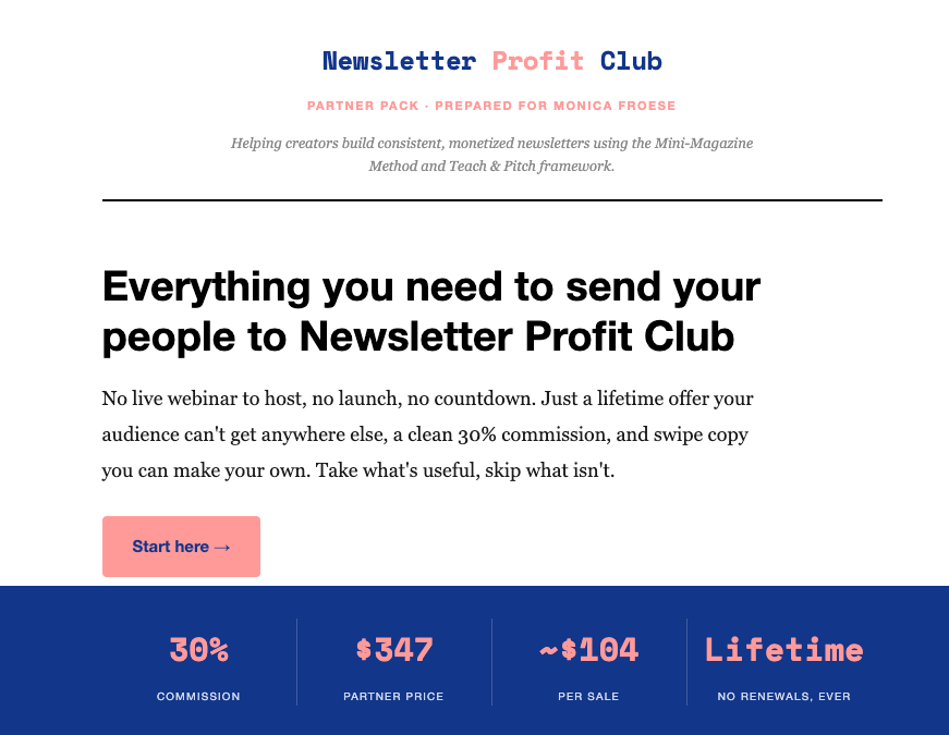 Top of a Newsletter Profit Club partner promo page, personalized for a partner by name with commission, partner price, and per-sale numbers.