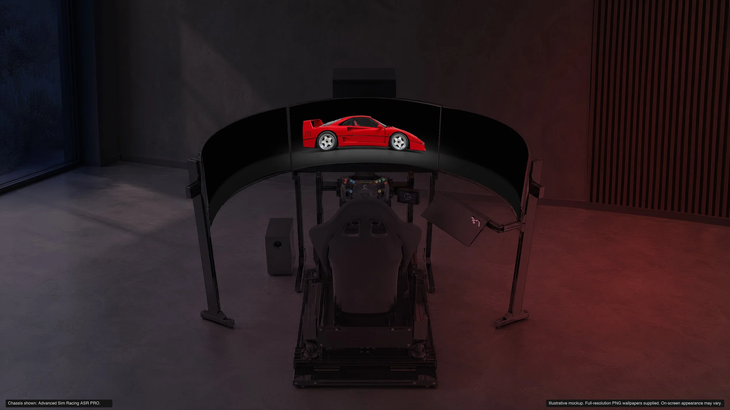 Legacy in Midnight on a triple-screen sim rig
