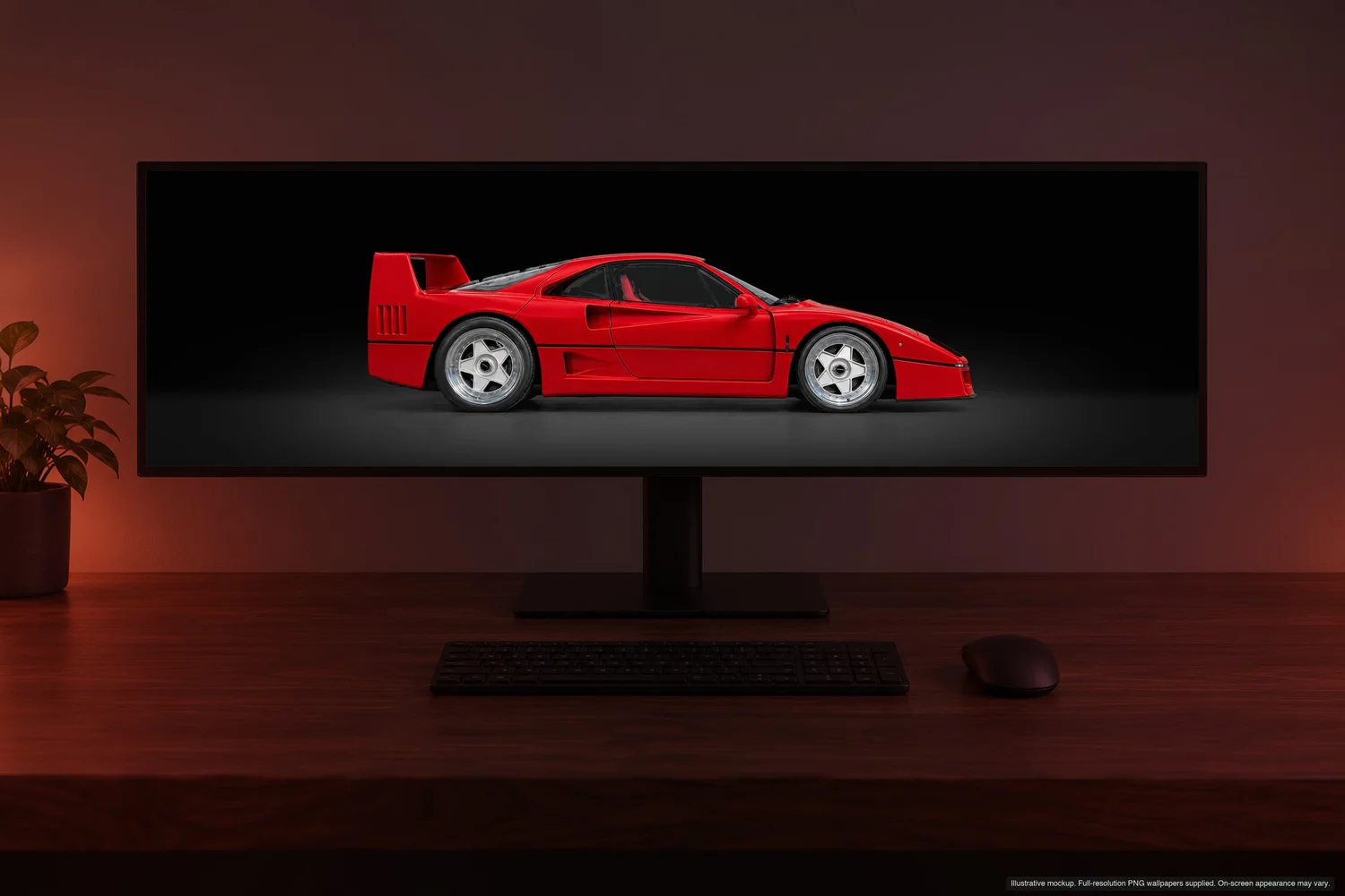 Legacy Rosso Corsa minimal car wallpaper, midnight backdrop on a 32:9 ultrawide monitor