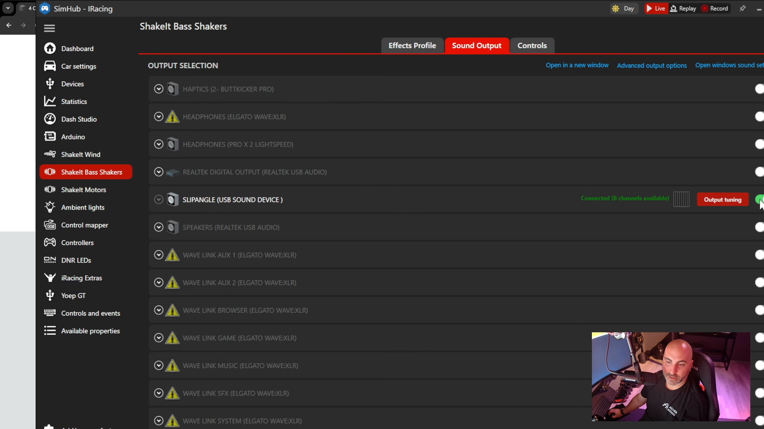 Configuring the bass-shaker output in SimHub.