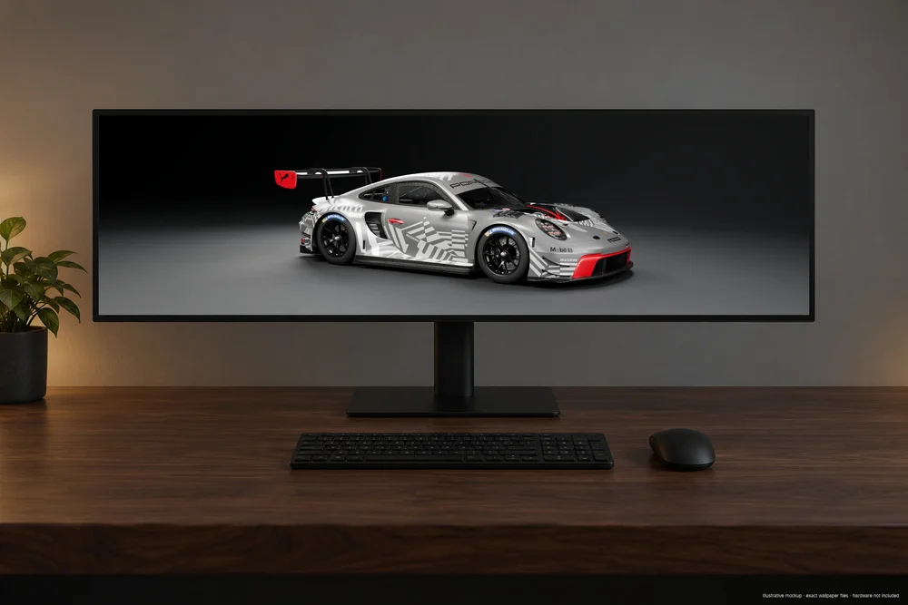 Porsche 911 GT3 R EVO 2026 wallpaper on an ultrawide desktop monitor; illustrative mockup