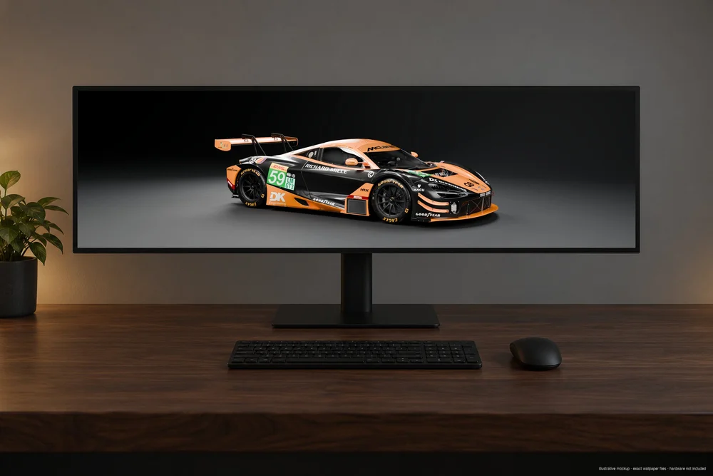 McLaren 720S LMGT3 EVO wallpaper on an ultrawide desktop monitor; illustrative mockup