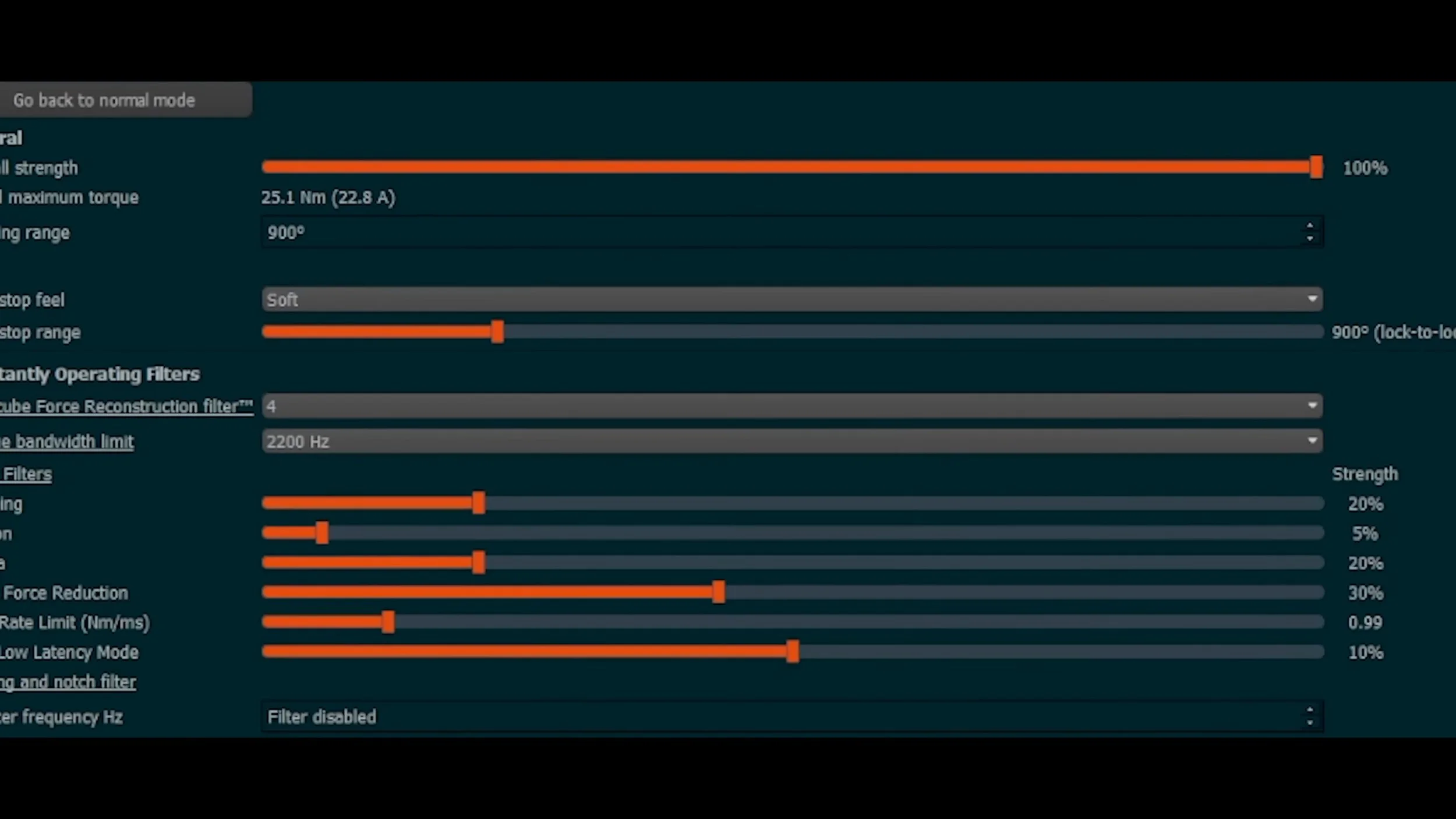 The force-feedback settings shown in the review.